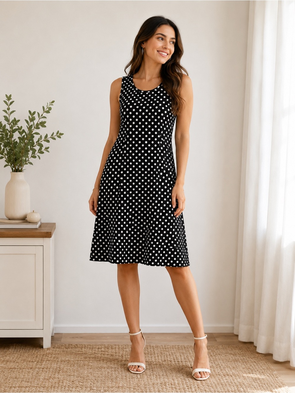 Black White Polka Dot Sleeveless  Dress XS